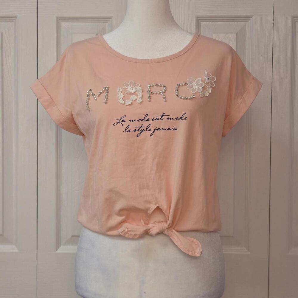 Japanese Coquette Peach Pink Beaded Lace Letter T Shirt 2010 Casual Front Tie XS